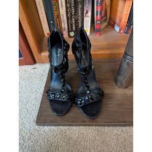Elizabeth & James Women’s Size 6.5B Black Leather Jewel Embellished Pump Heels